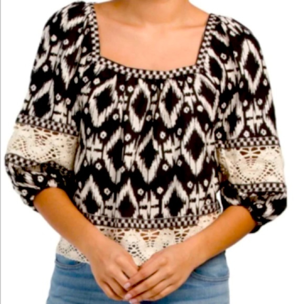 Christian Siriano Black and Cream Patterned Boho Blouse XL